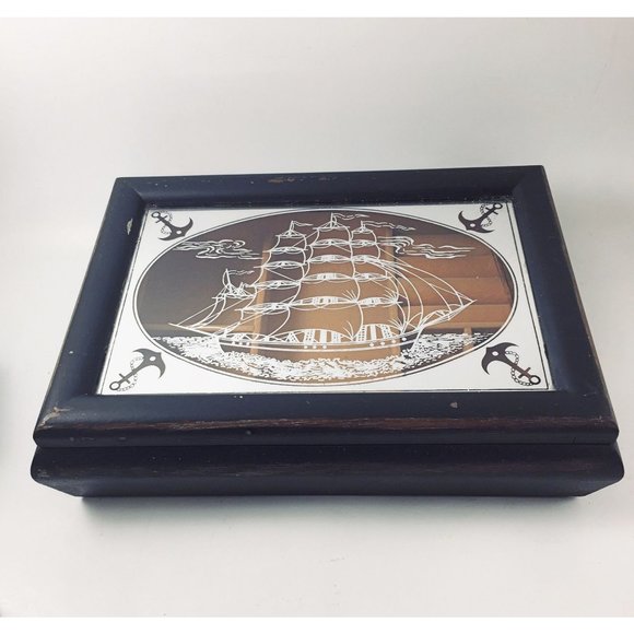 Unbranded Other - Men's Black Nautical Jewelry Box Painted Wood Sailing Ship Glass Top Mirror Prim